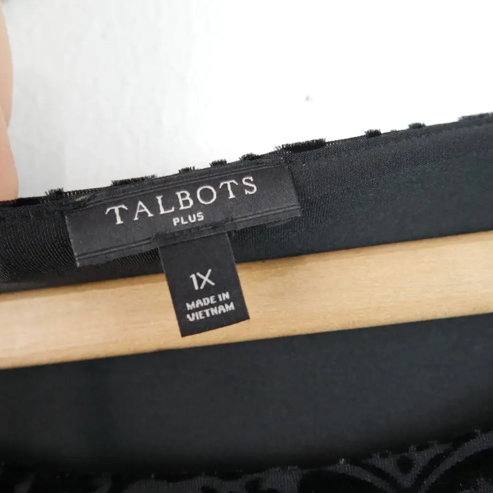 Talbots Plus 1X Top Black Velvet Popover Velour Blouse Tie Sleeve Boho Goth - Picture 2 of 7